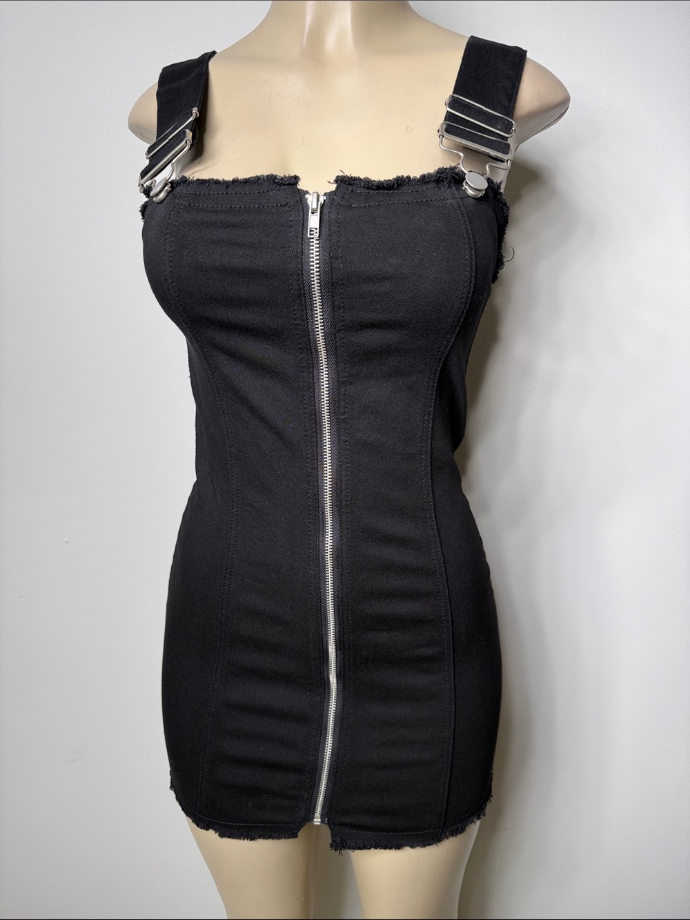 superdown Black Zip-Front Mini Dress with Buckle Straps